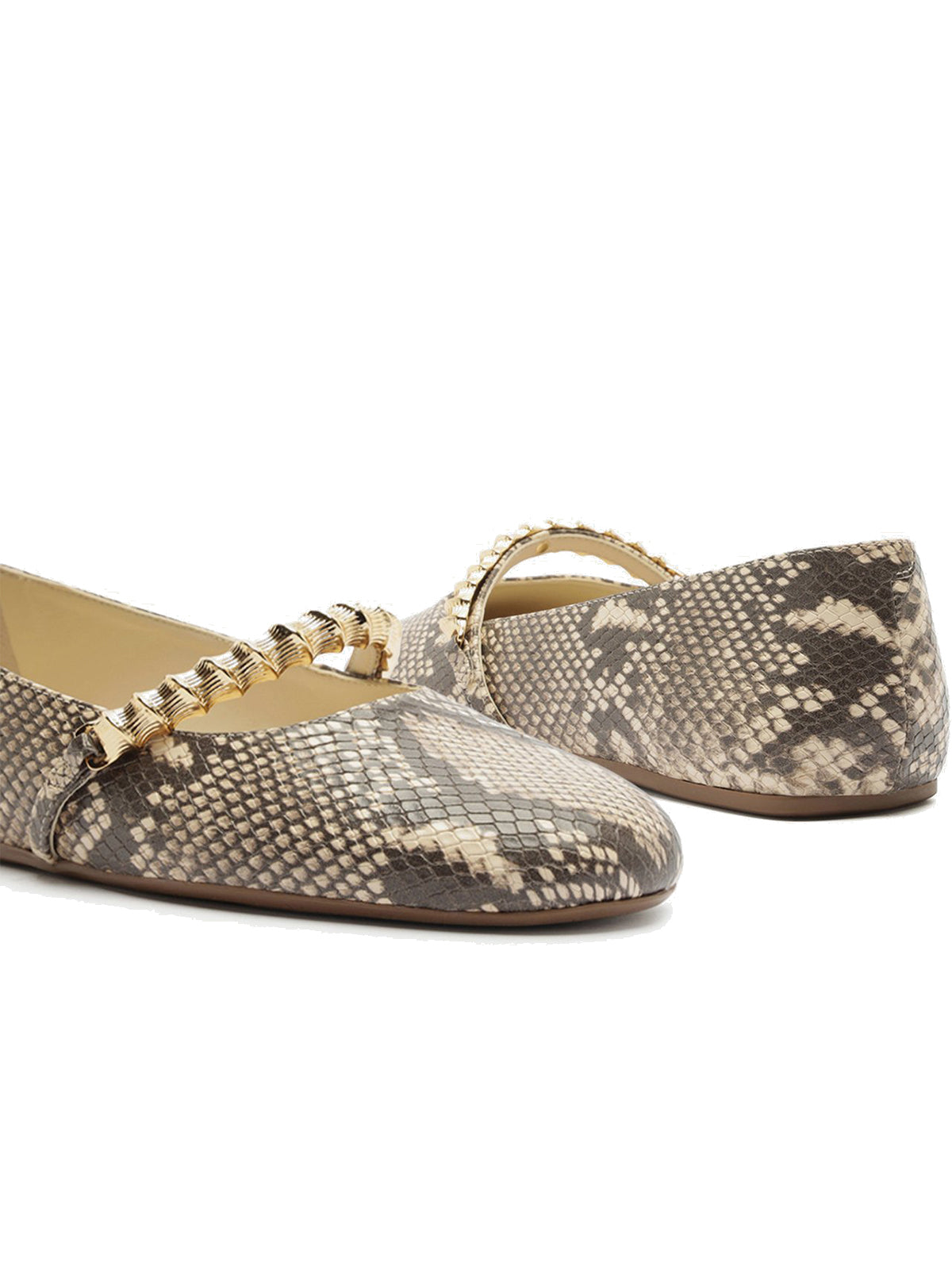 Snakeskin Print Round-Toe Metal Bridge Strap Chic Flats