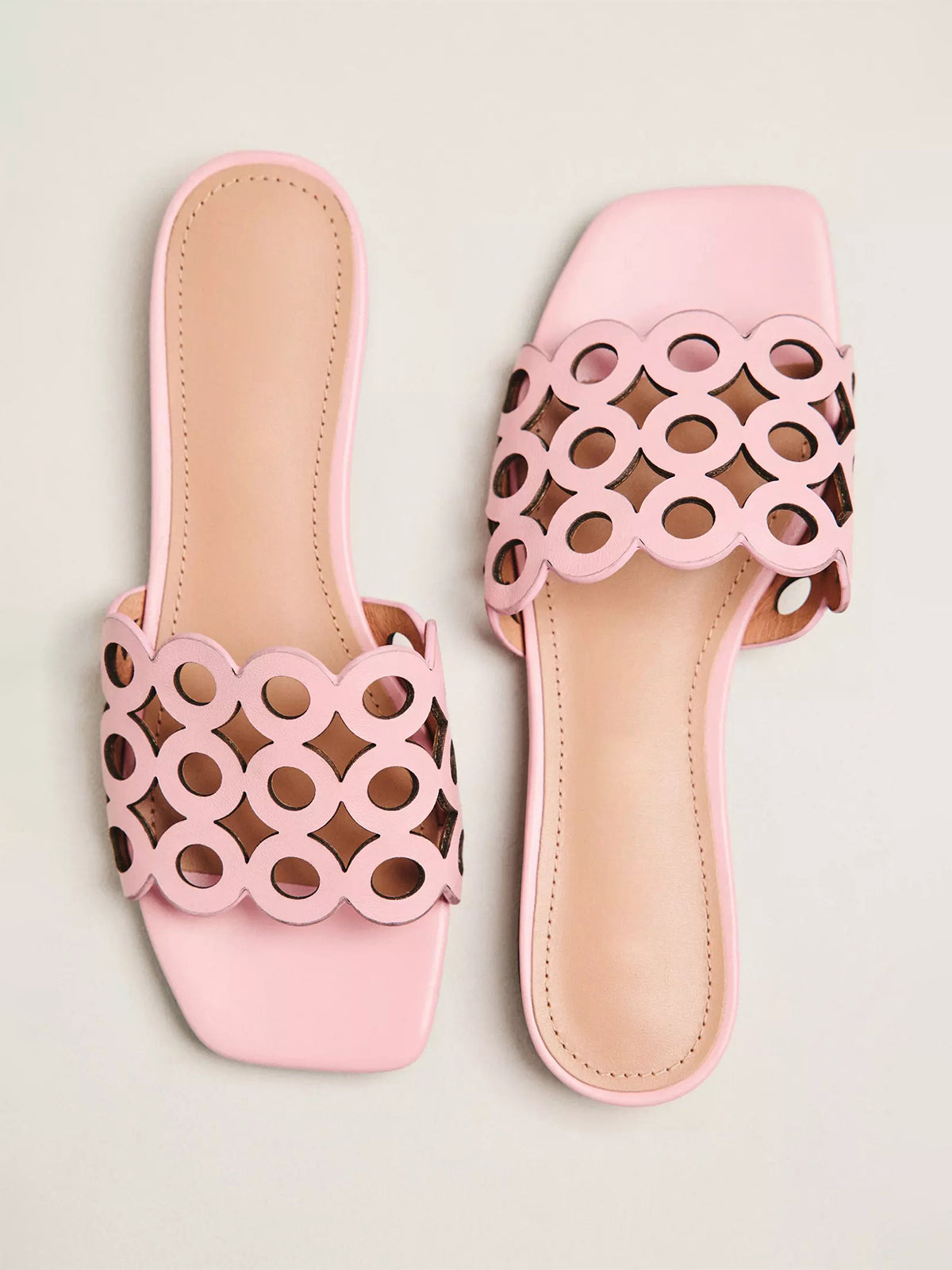 Pink Square-Toe Cutout Slide Backless Sandals Flats