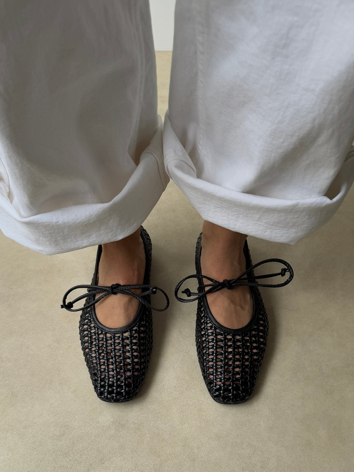 Black Woven Vegan Leather Square-Toe Mary Jane Stylish Ballet Flats