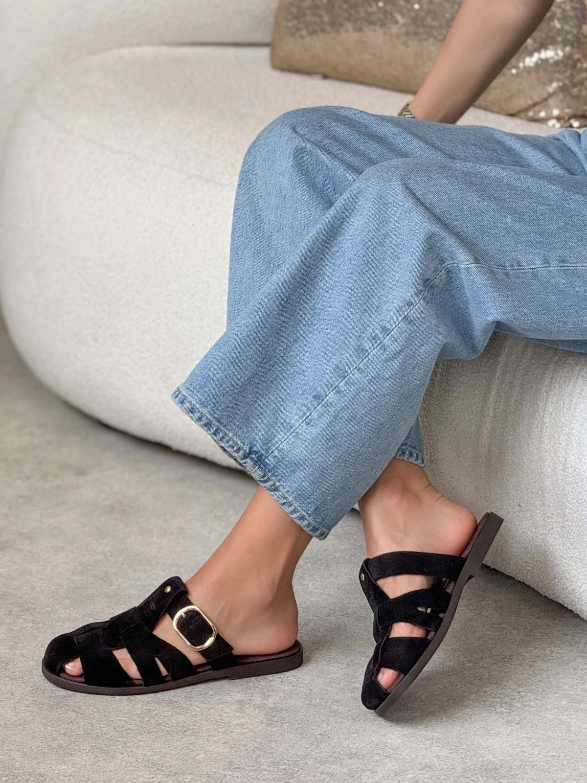 Black Cow Suede Round-Toe Caged Detail Backless Flats