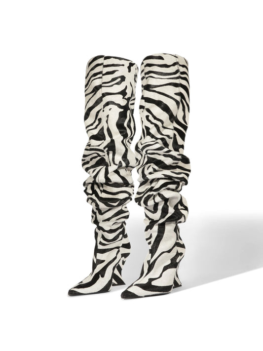Zebra Pointed-Toe Slouch Wide Calf Knee High Tall Boots For Women