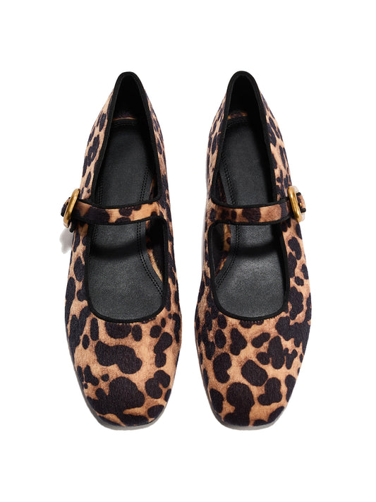 Leopard Print Faux Suede Square-Toe Mary Jane Classic Ballet Flats