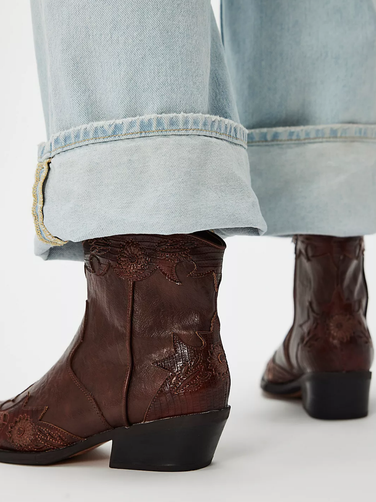 Brown Floral Applique Snip-Toe Wide Mid Calf Cowgirl Boots