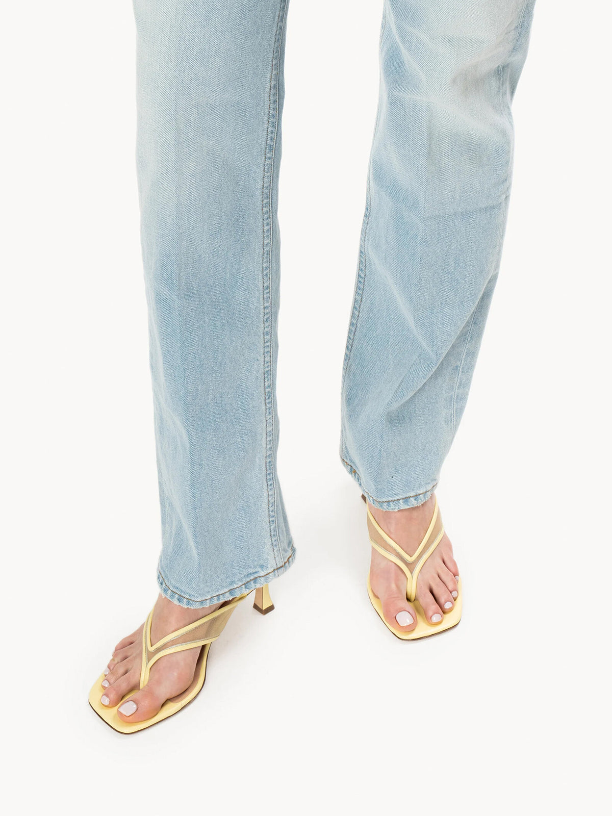 Yellow Vegan Leather And Mesh Square-Toe Flip-Flops Kitten Heels
