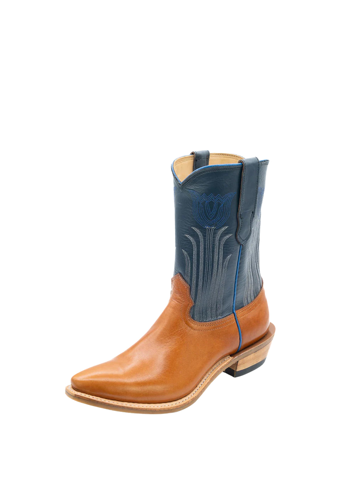 Contrast Brown And Turquoise Snip-Toe Tulip Embroidery Ankle Cowgirl Boots