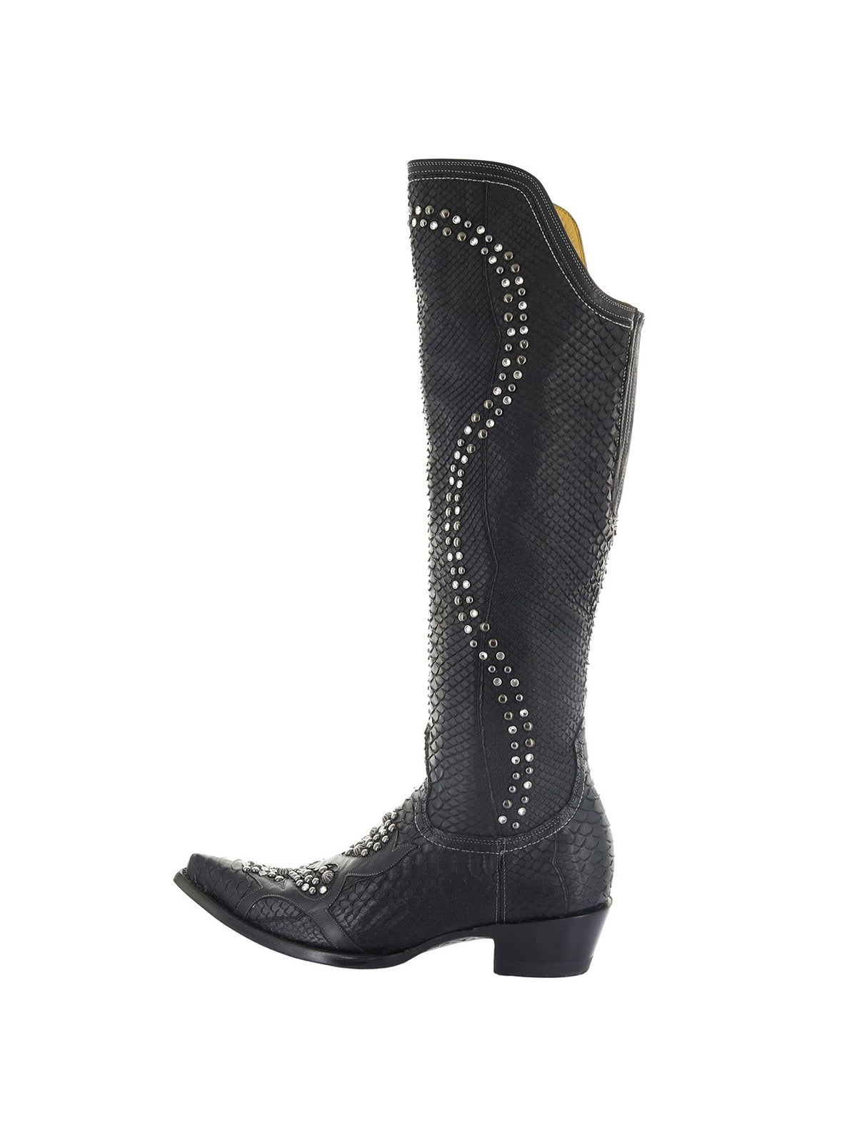 Black Snakeskin Print Pointed-Toe Rhinestones And Studs Half-Zip Knee High Cowgirl Boots