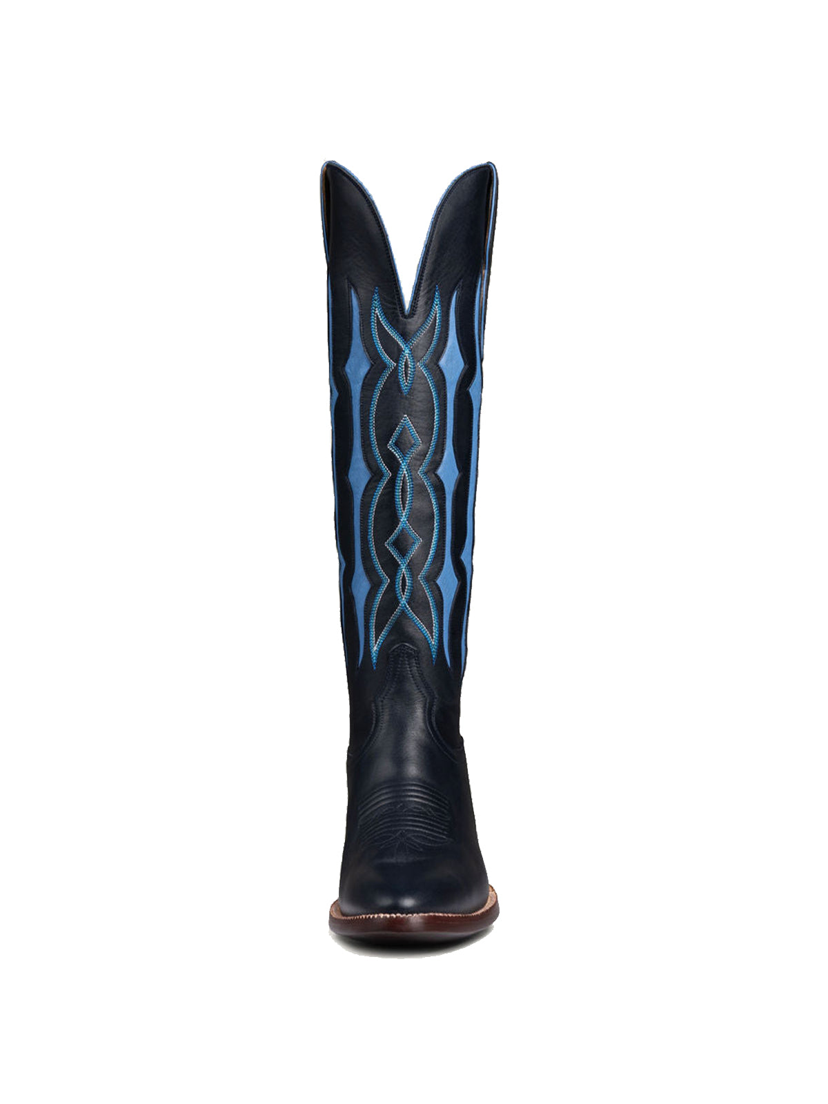 Black Contrast Blue Inlay Stitch Almond-Toe Wide Knee High Western Cowgirl Boots