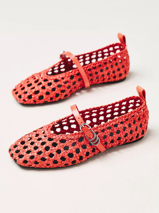 Red Woven Vegan Leather Square-Toe Chic Buckle Bridge Strap Ballet Flats