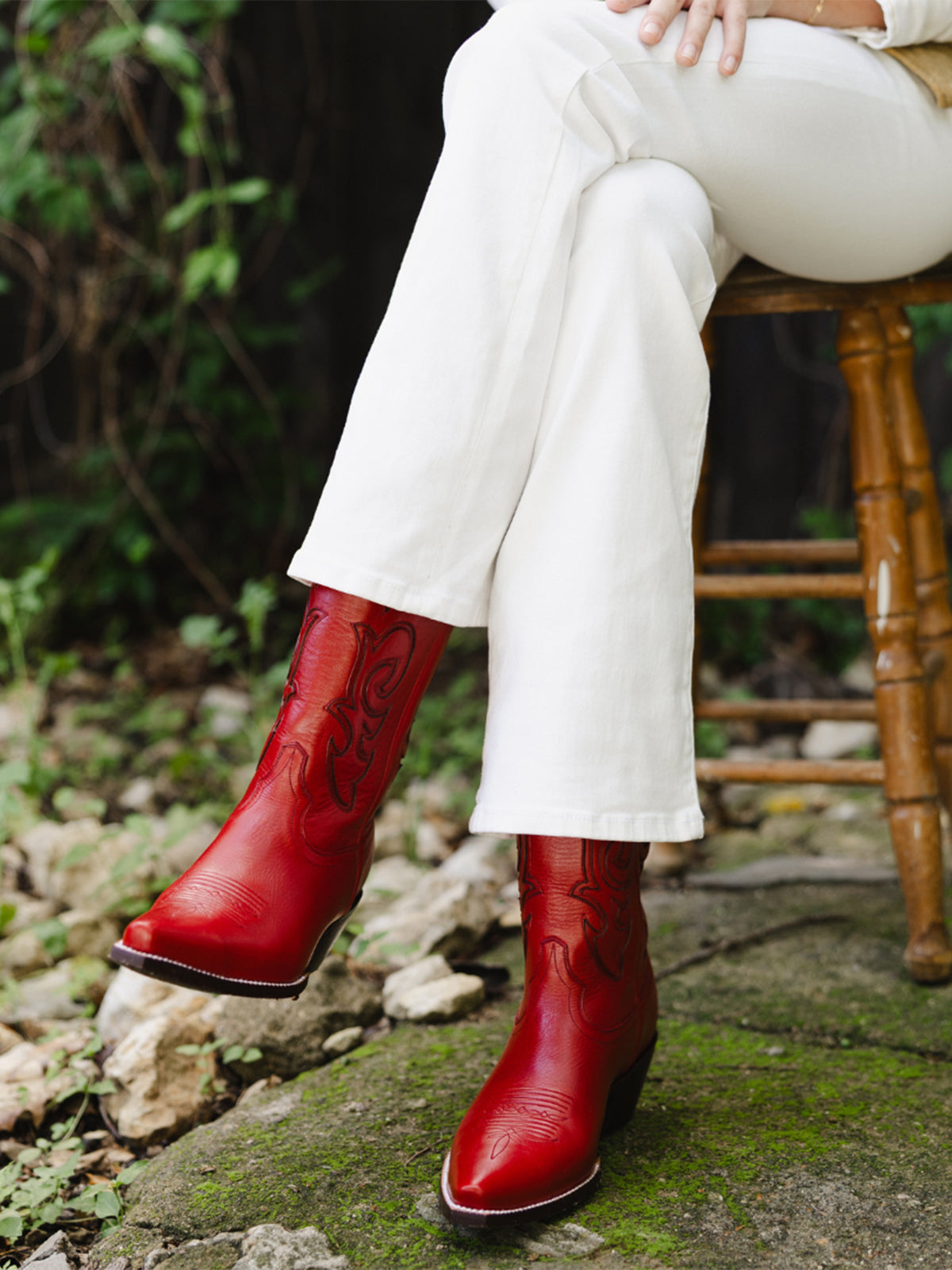 Red Snip-Toe Stylish Inlay Classic Mid Calf Cowgirl Boots