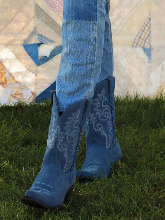 Snip-Toe Chic Embroidery And Side Studs Ankle Cowgirl Boots - Blue