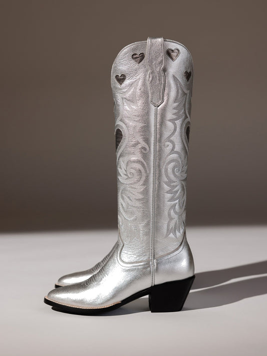 Metallic Silver Round-Toe Chic Hearts Inlay Wide Calf Knee High Cowgirl Boots