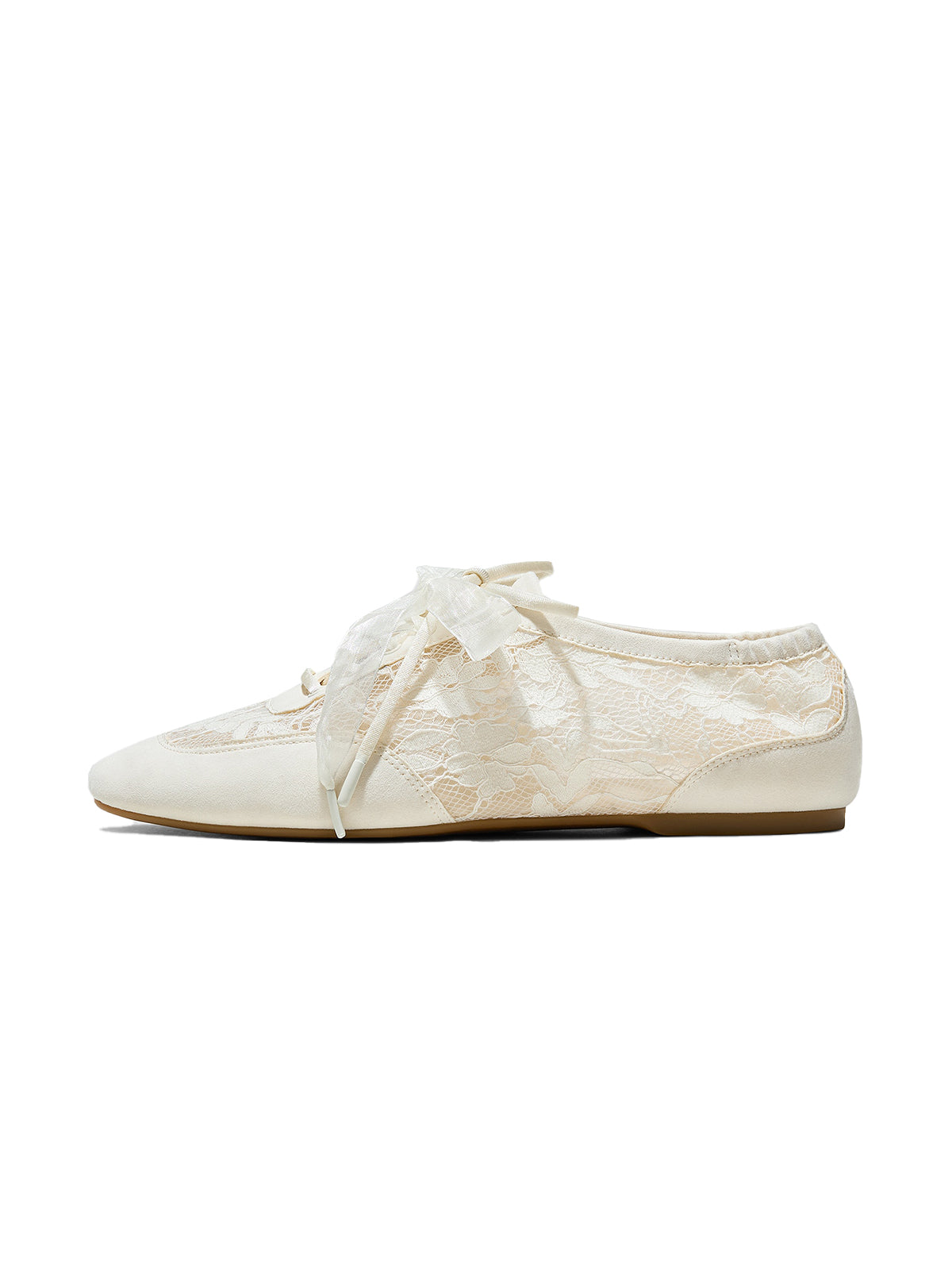 Cream Lace Mesh And Faux Suede Square-Toe Floral Embroidery Lace-Up Flats
