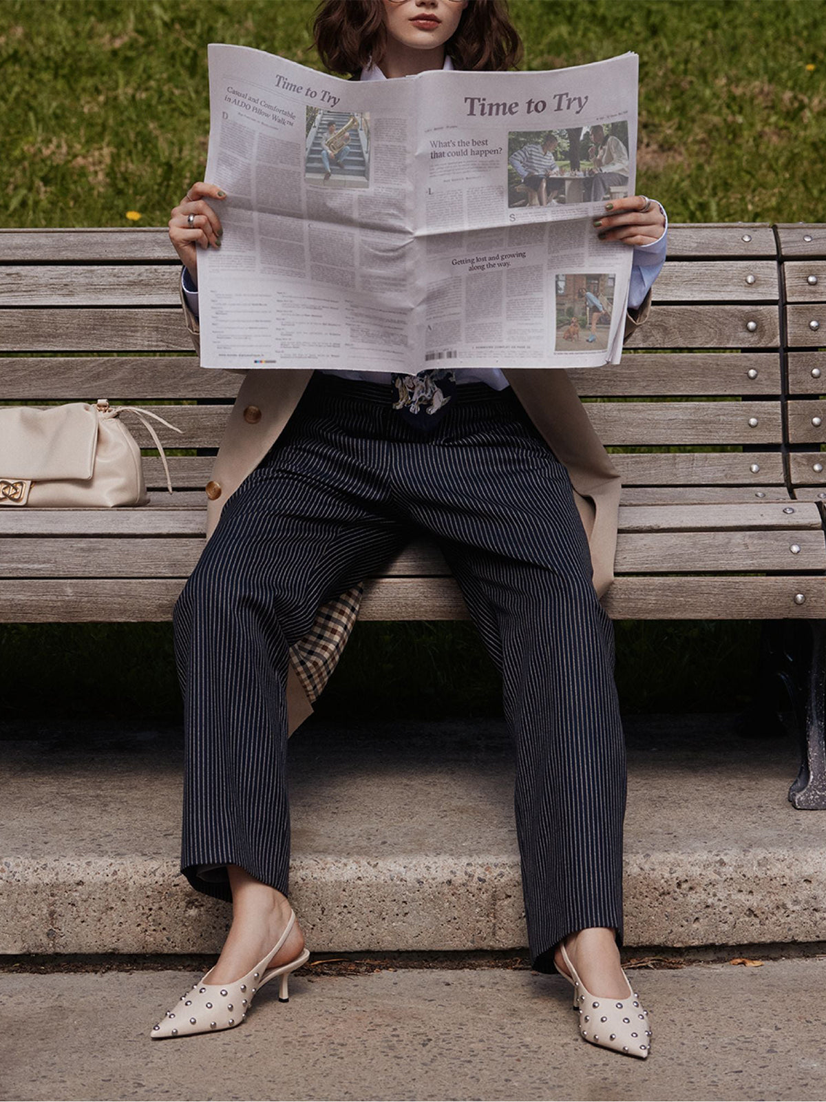 Cream Pointed-Toe Slingback Kitten Heels With Full Studs