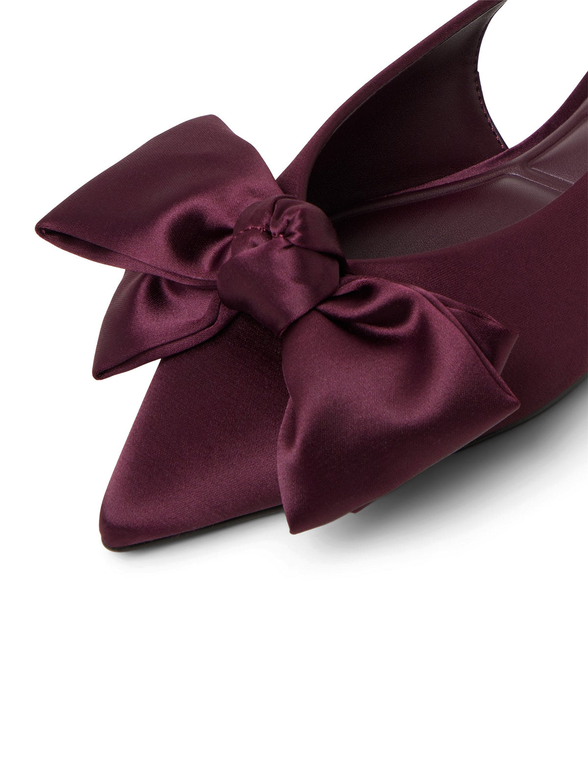 Burgundy Satin Pointed-Toe Front Big Bow Slingback Flats