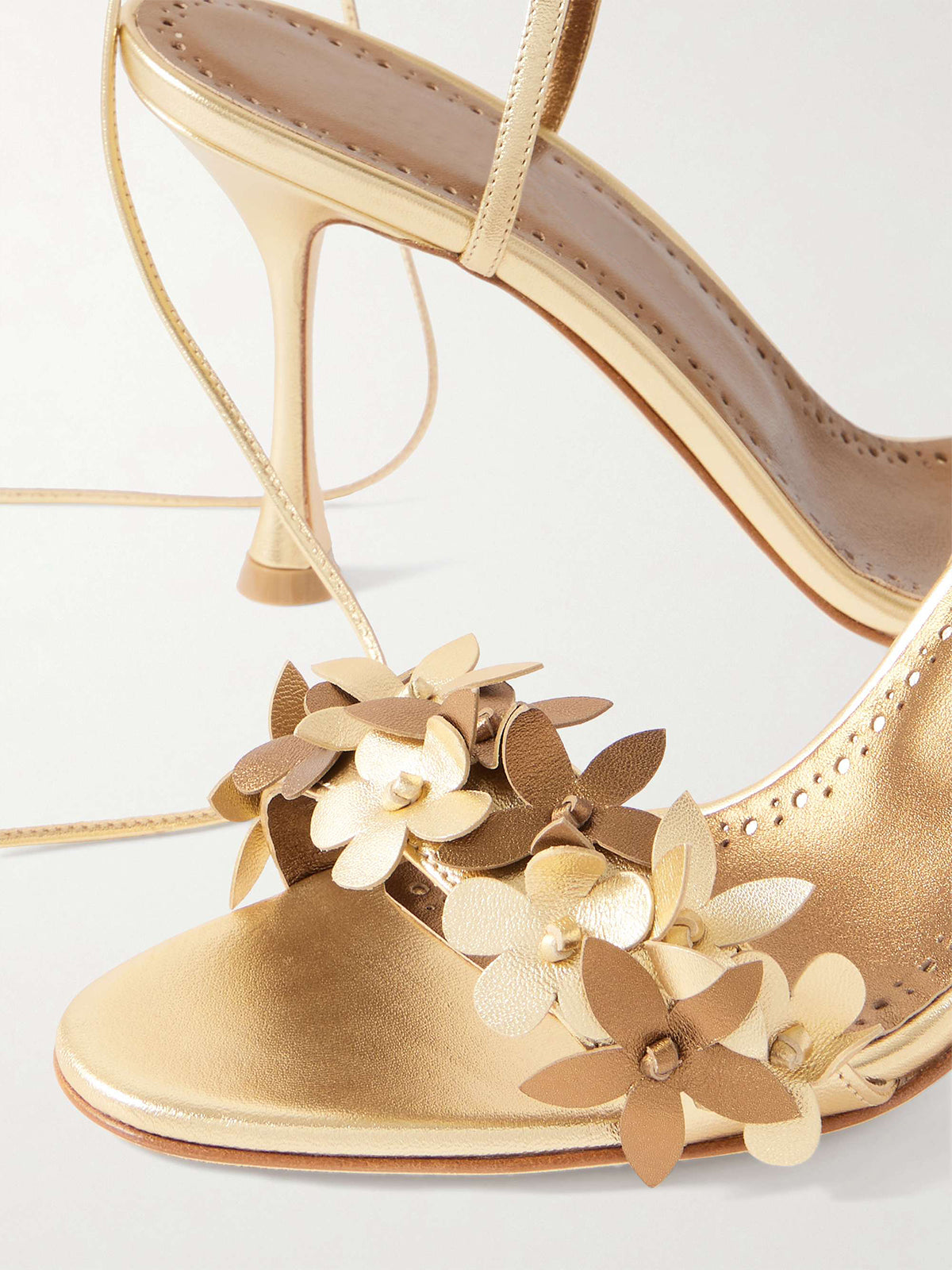 Metallic Gold Round-Toe Flowers Applique Ankle Strap High Heels