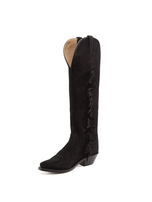Black Faux Suede Snip-Toe Fringe Western Knee High Cowgirl Boots