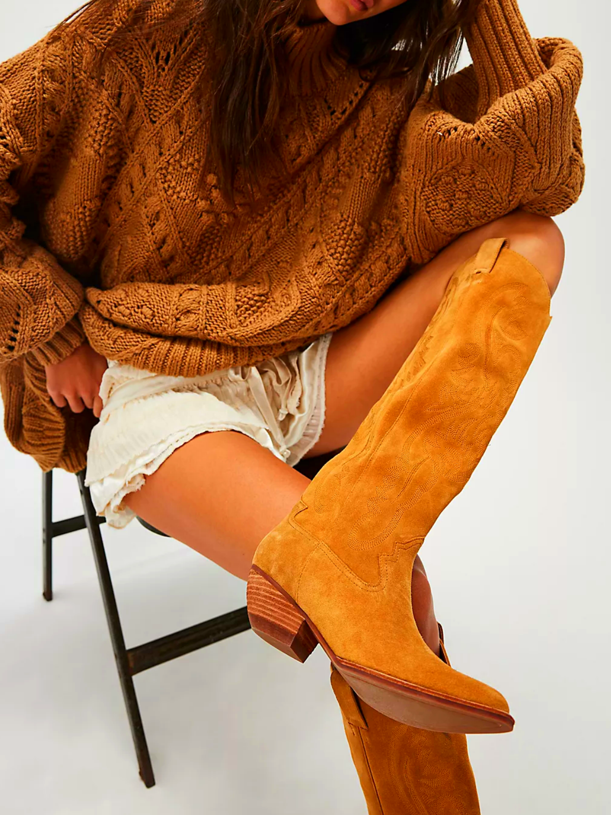 Camel Faux Suede Embroidery Pointed-Toe Tall Wide Mid Calf Western Boots For Women