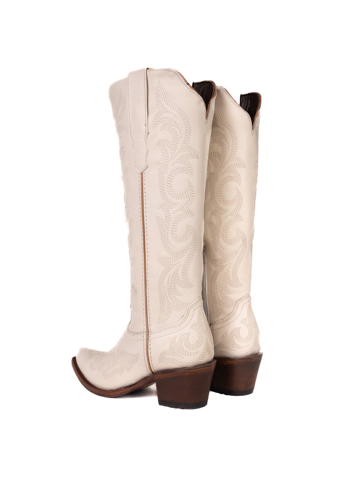 Snip-Toe Chic Embroidery Half-Zip Knee High Cowgirl Boots For Woman - Bone