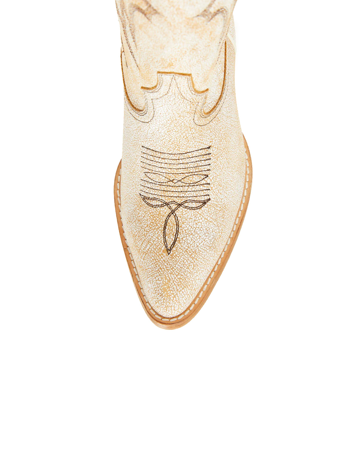 Faux Suede Wings Embroidery Pointed-Toe Mid Calf Cowgirl Boots - Distressed Ivory