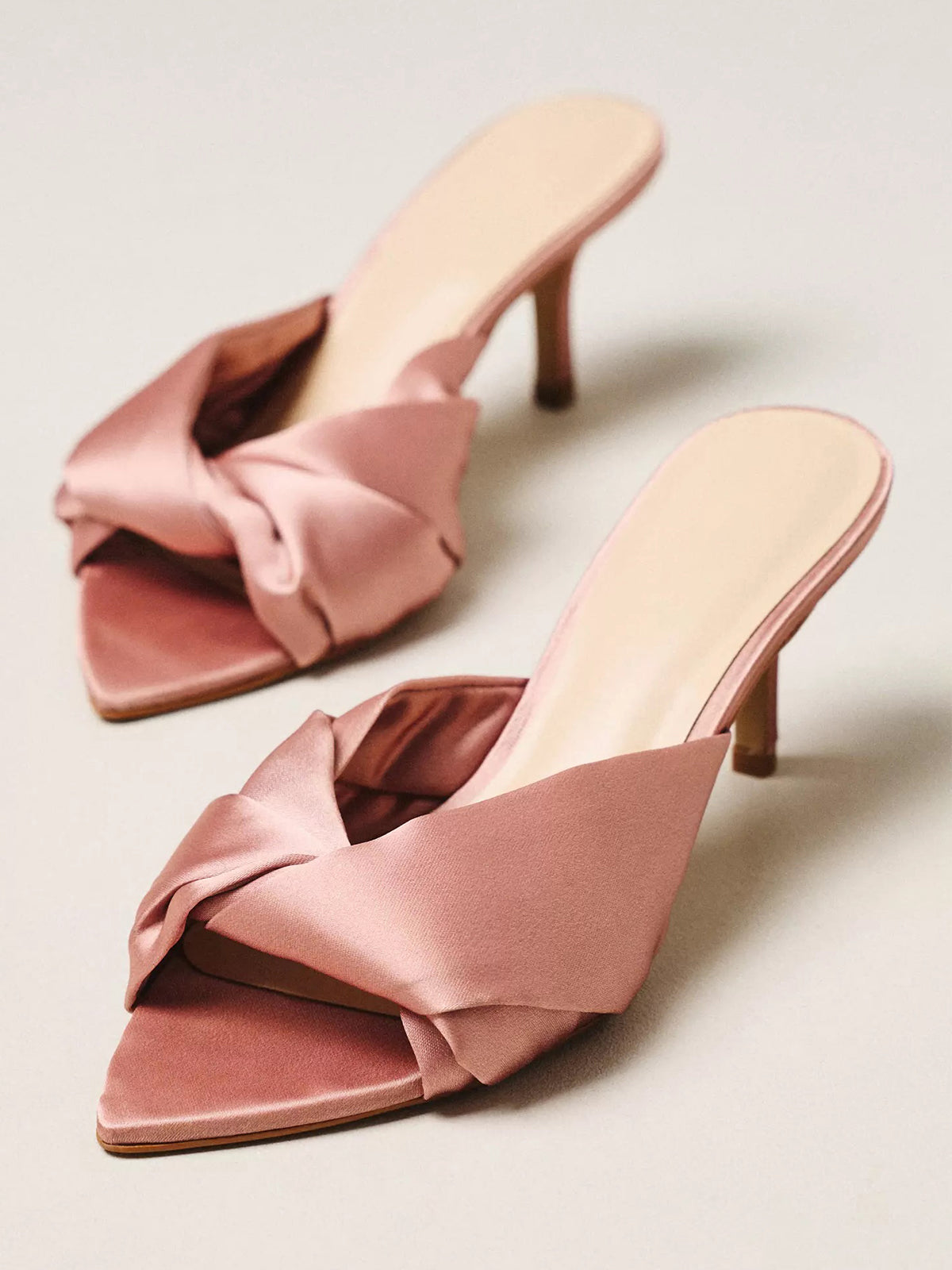 Satin Open Pointed-Toe Front Strap Backless Mules High Heels - Neutral
