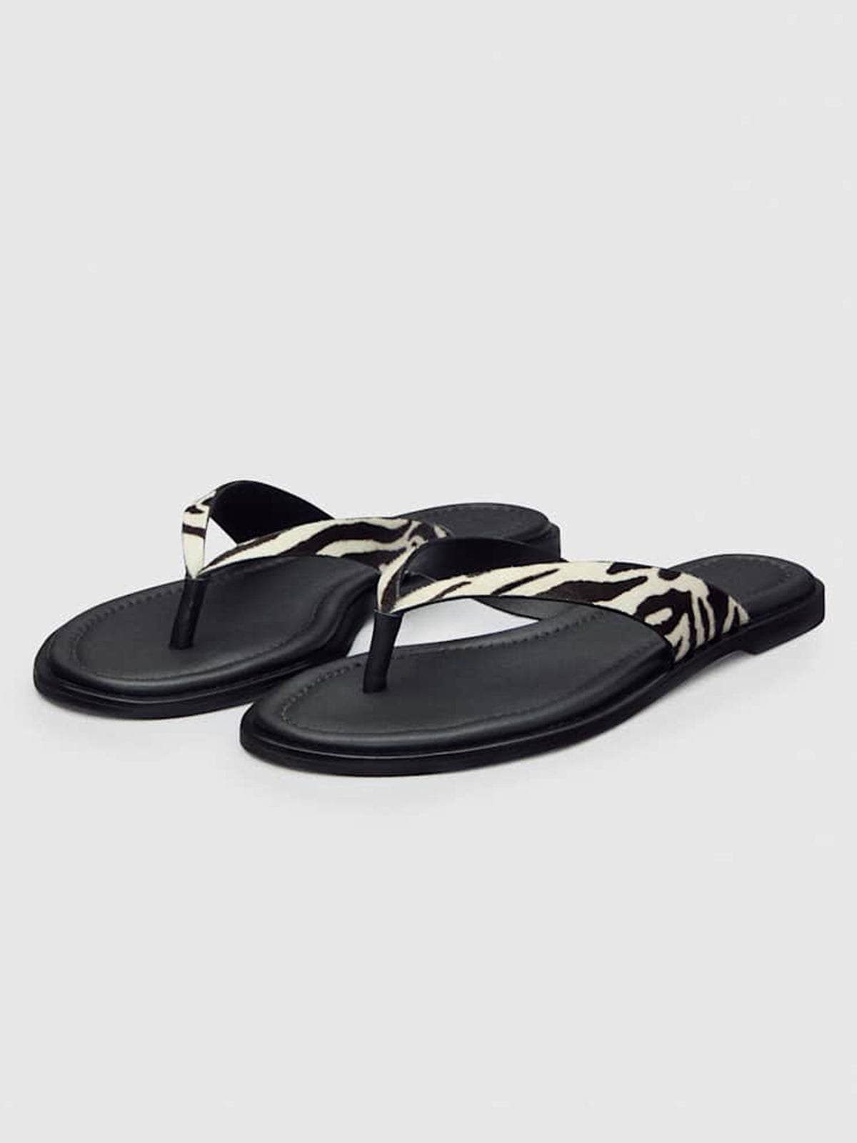 Classic Zebra Pattern Pony Hair Vegan Leather Round-Toe Flip-Flop Slip-On Flats Sandals