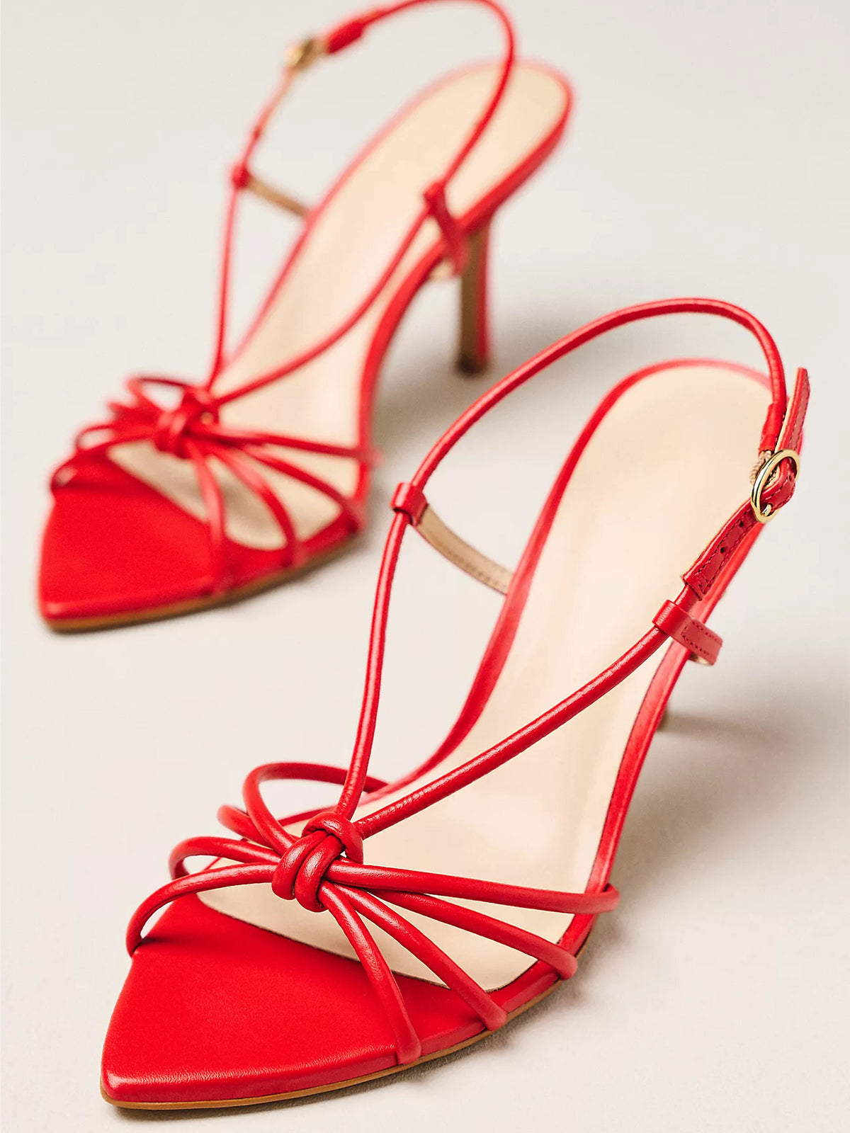 Red Open Pointed-Toe Strappy And Buckle Slingback High Heels