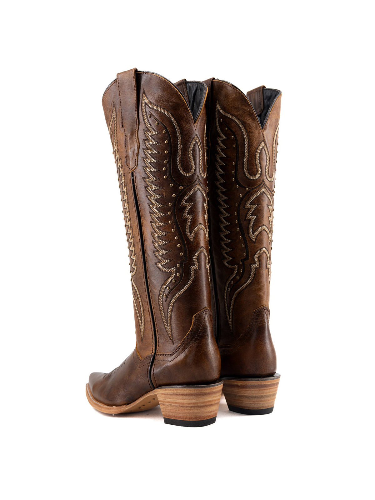 Western Snip-Toe Wings Embroidery And Studs Wide Calf Knee High Cowgirl Boots - Dark Tan