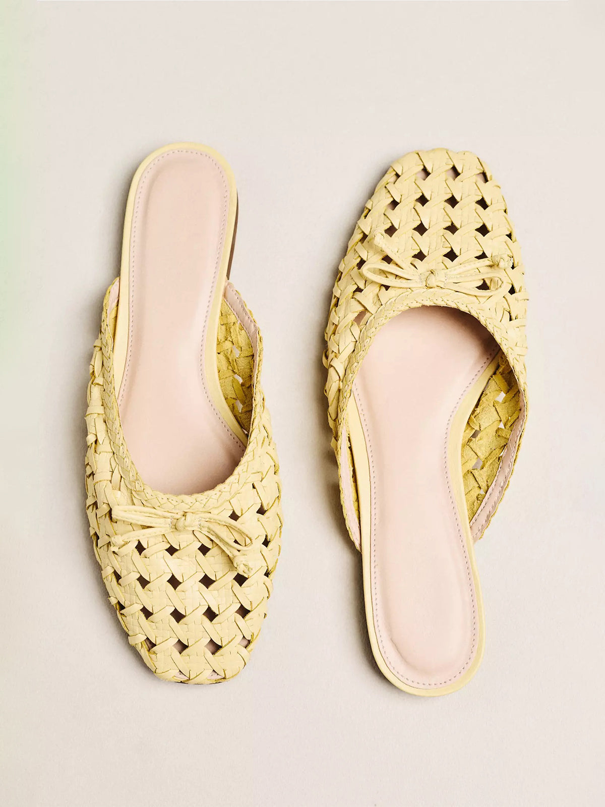 Yellow Woven Vegan Leather Square-Toe Front Bow Mules Flats
