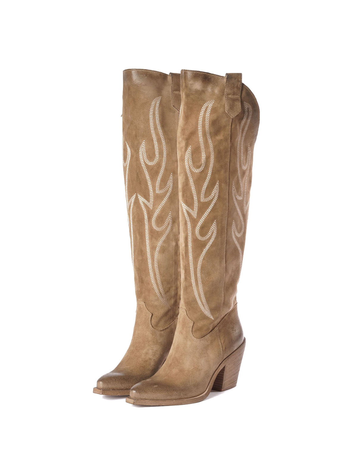 Taupe Faux Suede Snip-Toe Half-Zip Chic Embroidery Knee High Cowgirl Boots