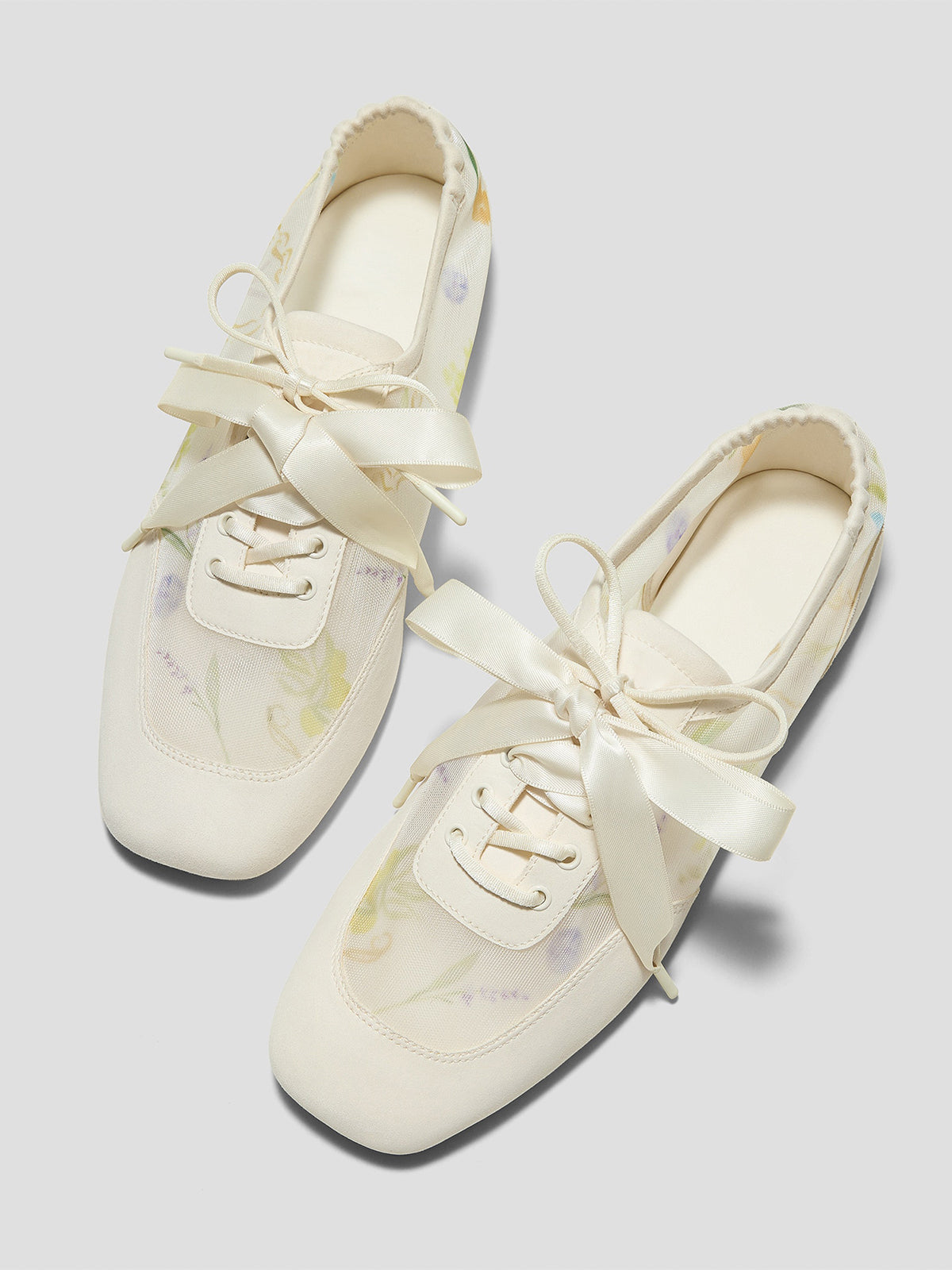 Cream Mesh And Faux Suede Square-Toe Floral Embroidery Lace-Up Flats