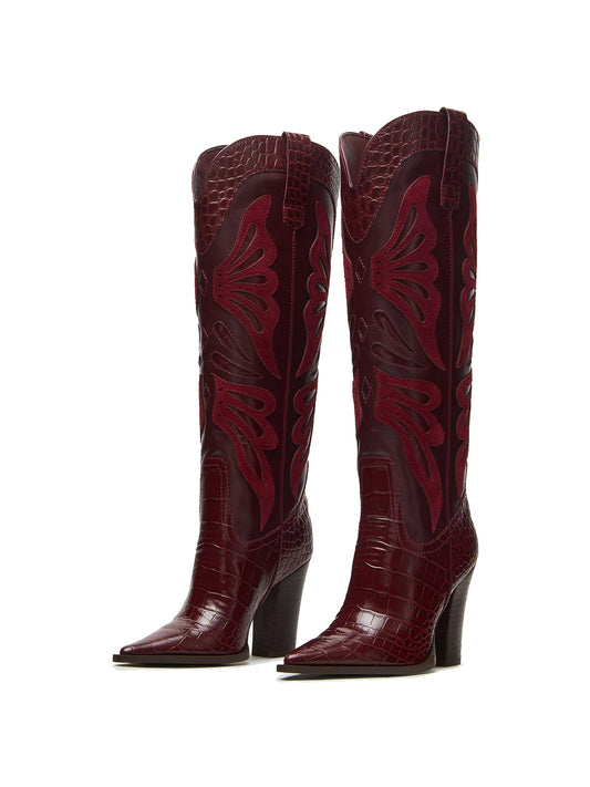 Burgundy Contrast Vegan Leather And Crocodile Print Pointed-Toe Wings Applique Knee High Cowgirl Boots