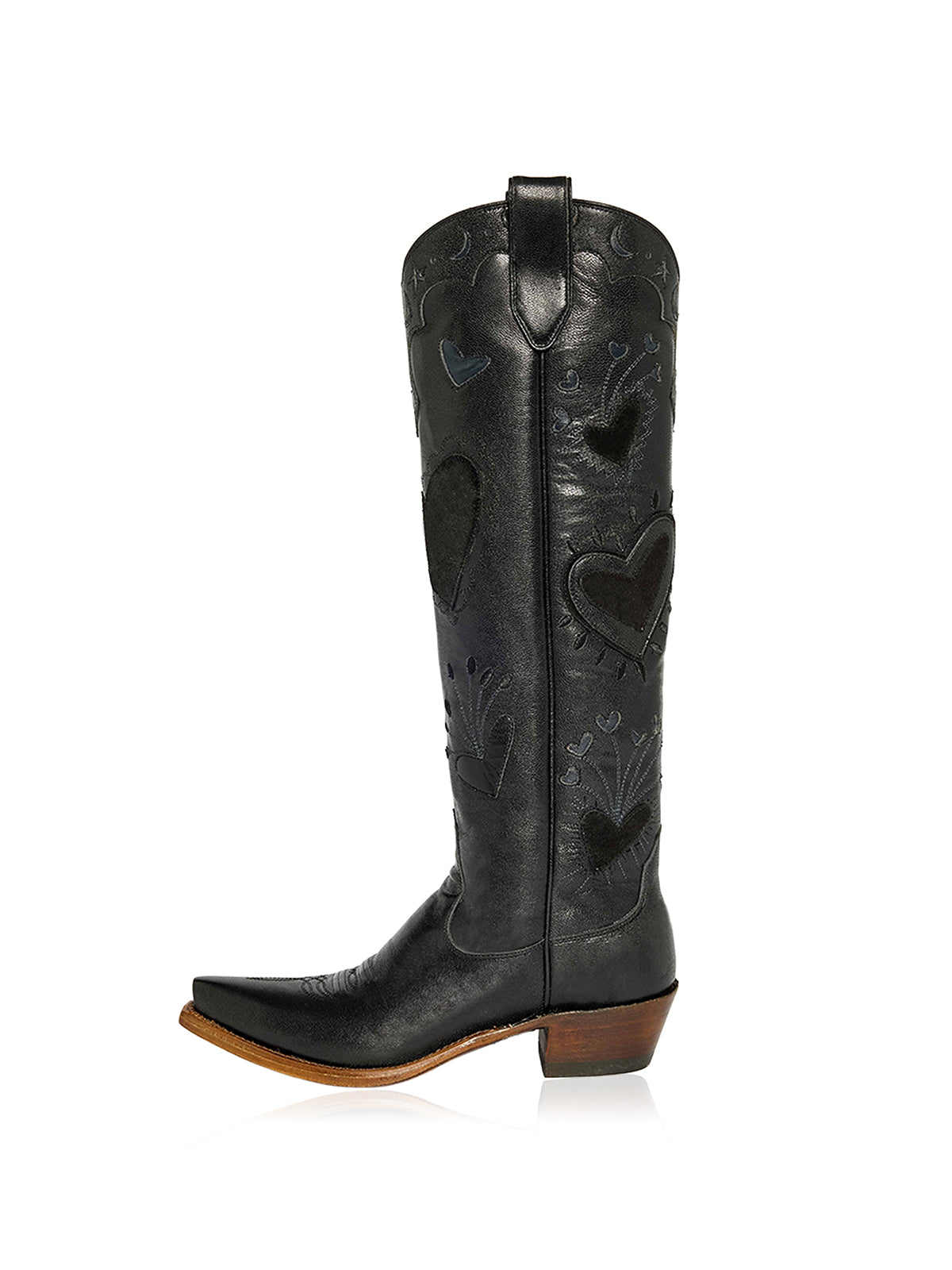 Black Snip-Toe Heart Applique And Inlay Wide Calf Knee High Cowgirl Boots