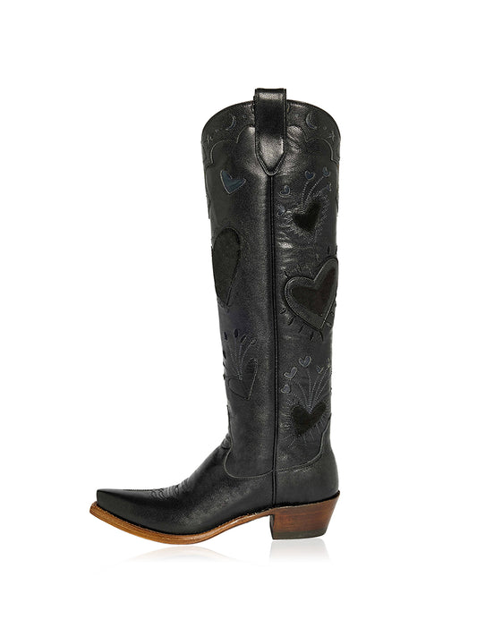 Black Snip-Toe Heart Applique And Inlay Wide Calf Knee High Cowgirl Boots