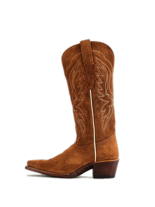 Tall Knee High Snip-Toe Embroidery Wide Calf Cowgirl Boots - Caramel Faux Suede