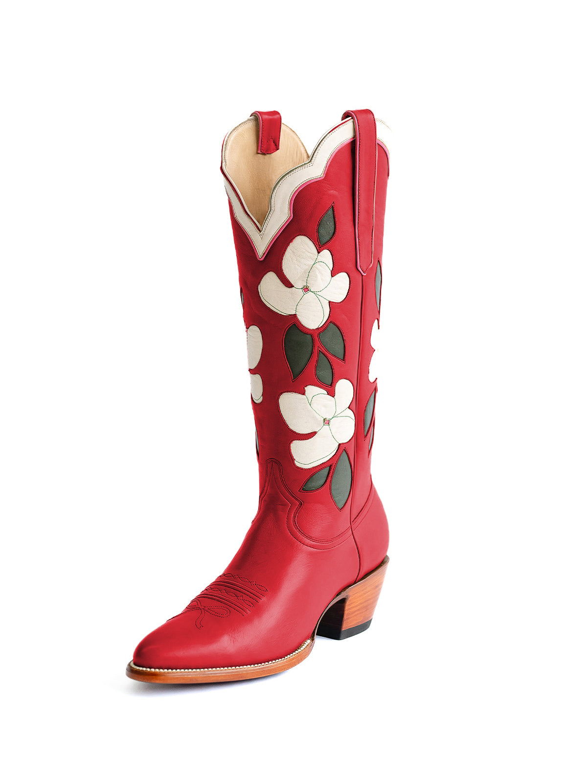 Red Almond-Toe White Flower Inlay Wide Calf Knee High Cowgirl Boots
