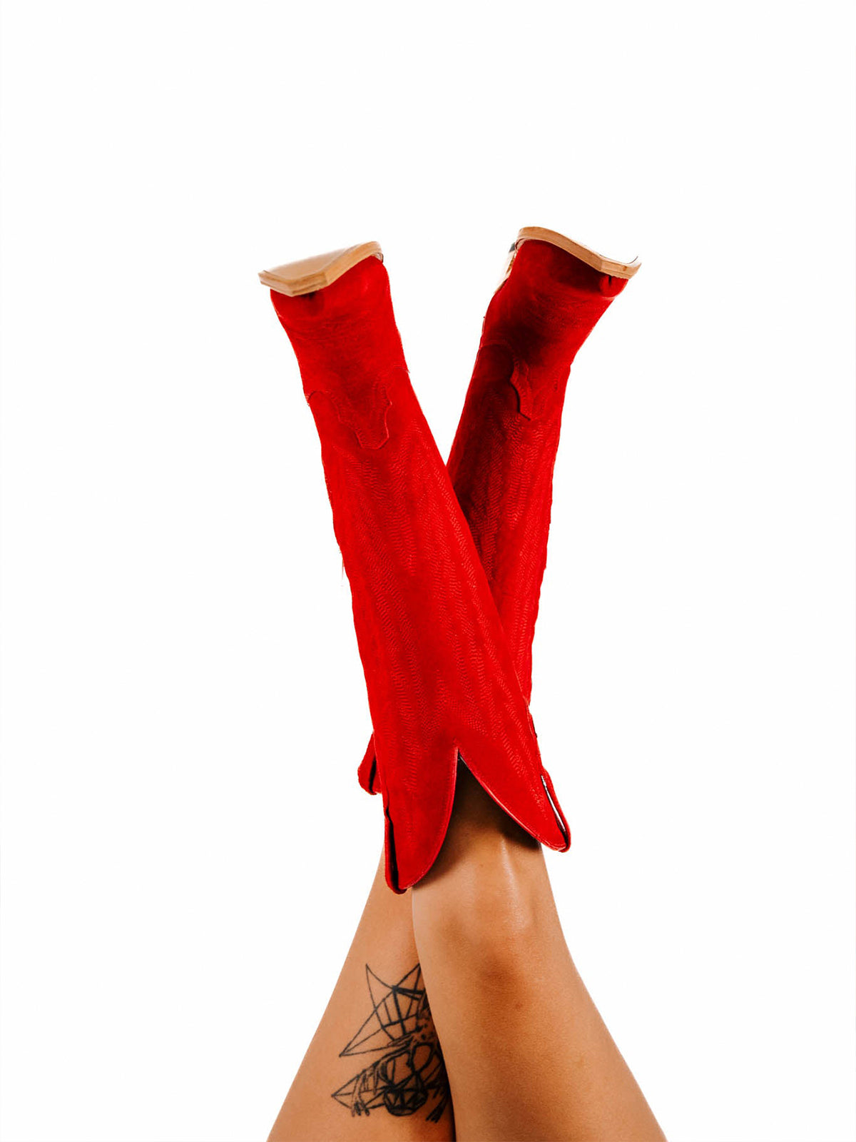 Red Faux Suede Snip-Toe Embroidery Half-Zip Classic Knee High Cowgirl Boots