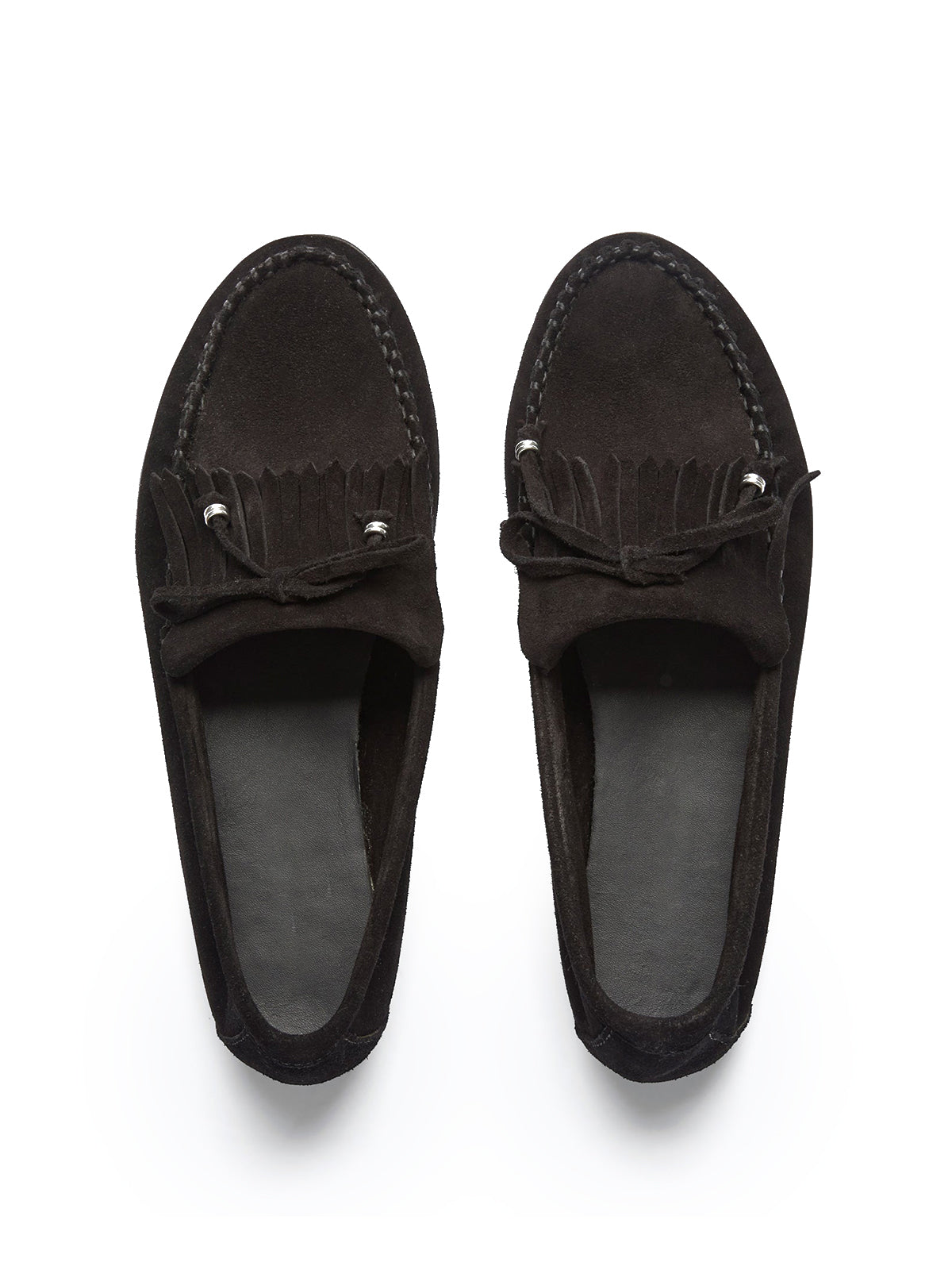 Black Cow Suede Round-Toe Front Bow And Fringe Flats