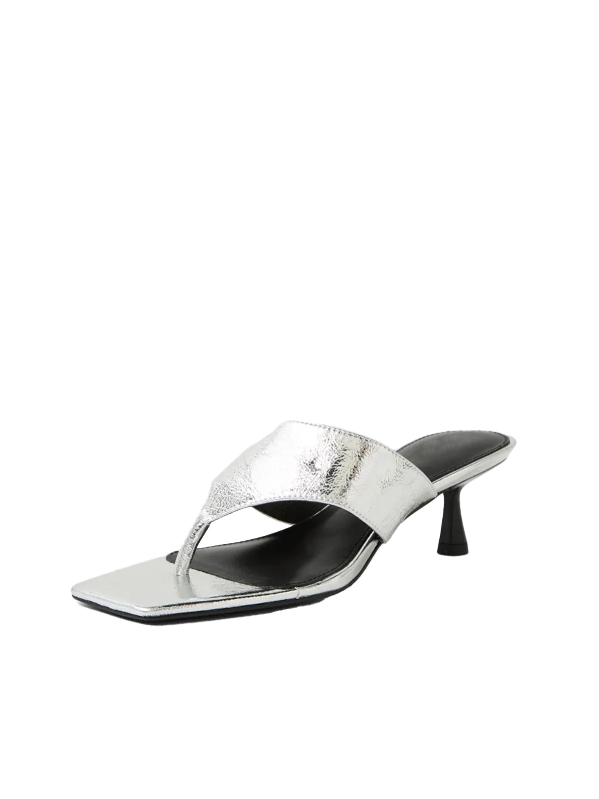Square-Toe Slip-On Kitten Heel Sandals - Metallic Silver