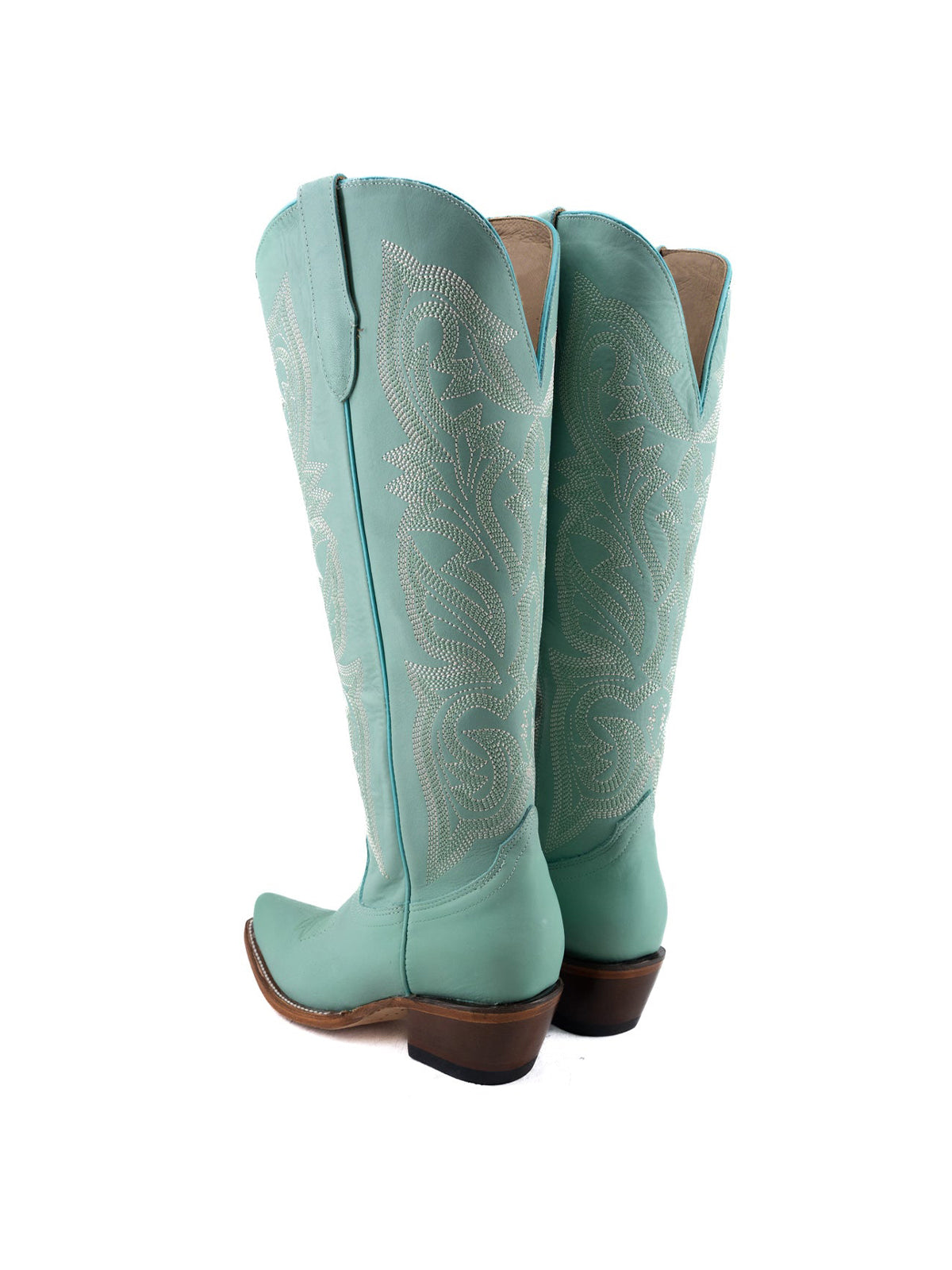 Snip-Toe Embroidery Half-Zip Tall Knee High Cowgirl Boots For Woman - Turquoise