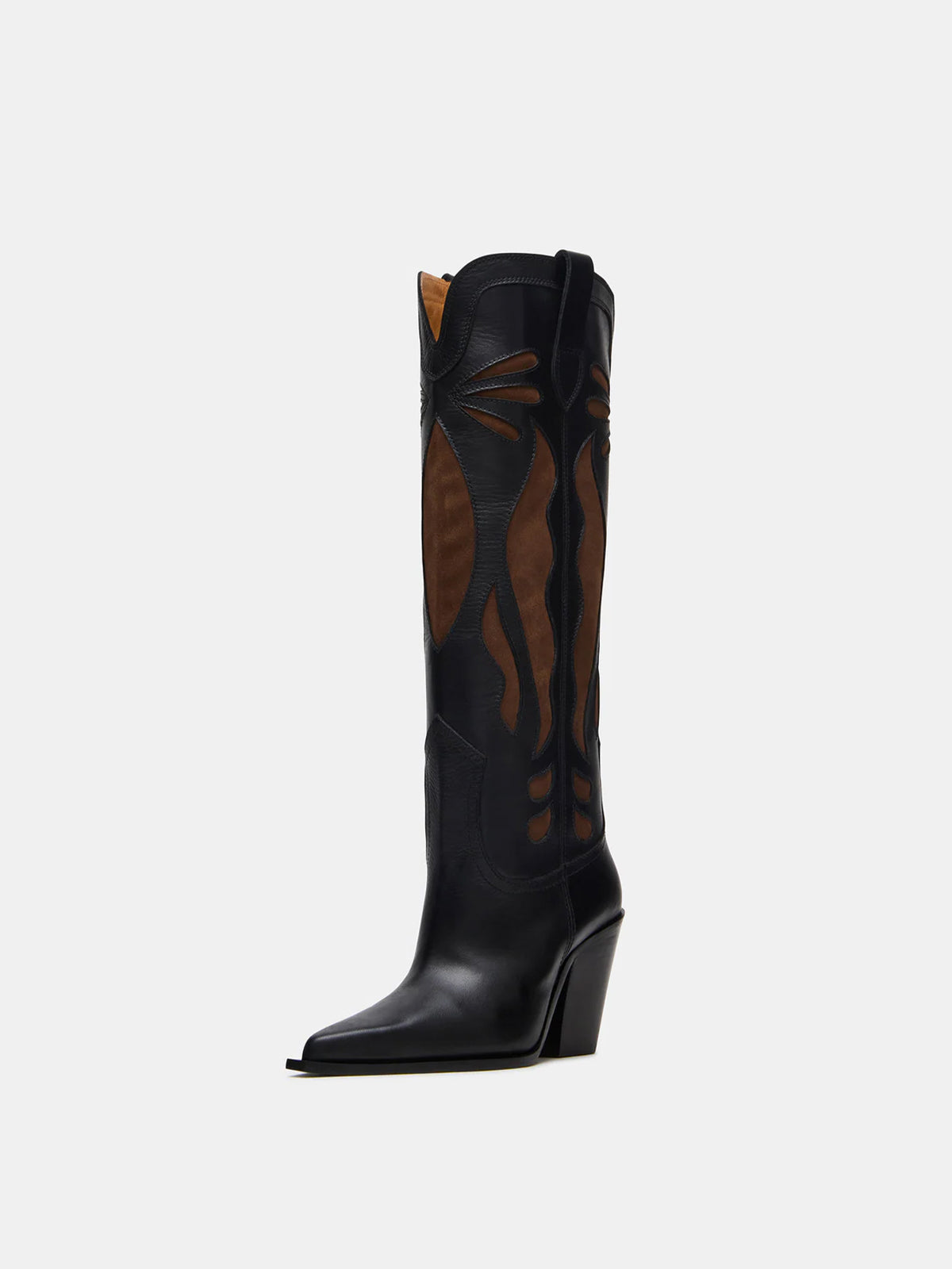 Black Pointed-Toe Inlays Knee High Tall Wide Calf Cowgirl Boots