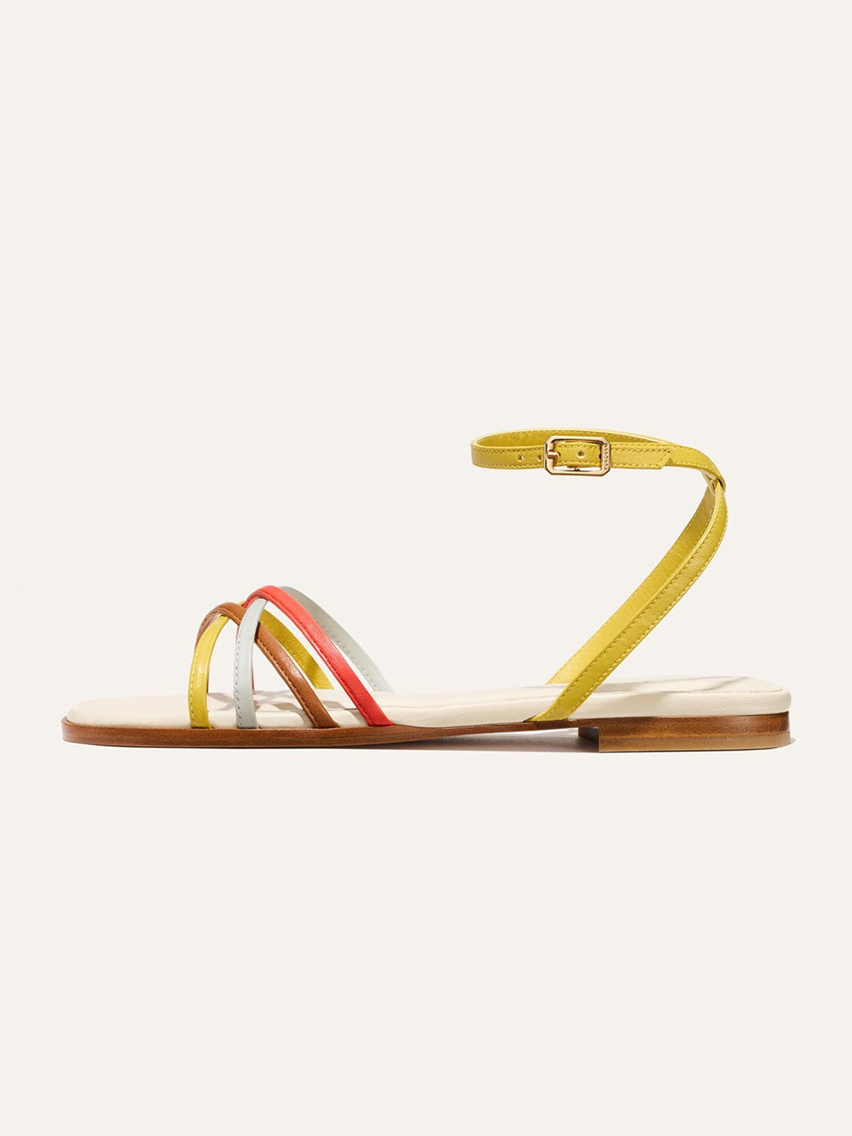 Multicolor Square-Toe Strappy And Ankle Strap Chic Sandals Flats