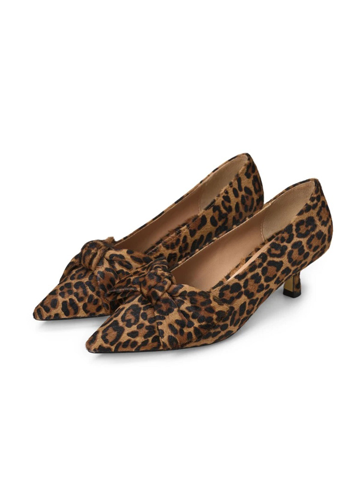 Leopard Print Pointed-Toe Front Oversized Bow Slip-On Kitten Heels