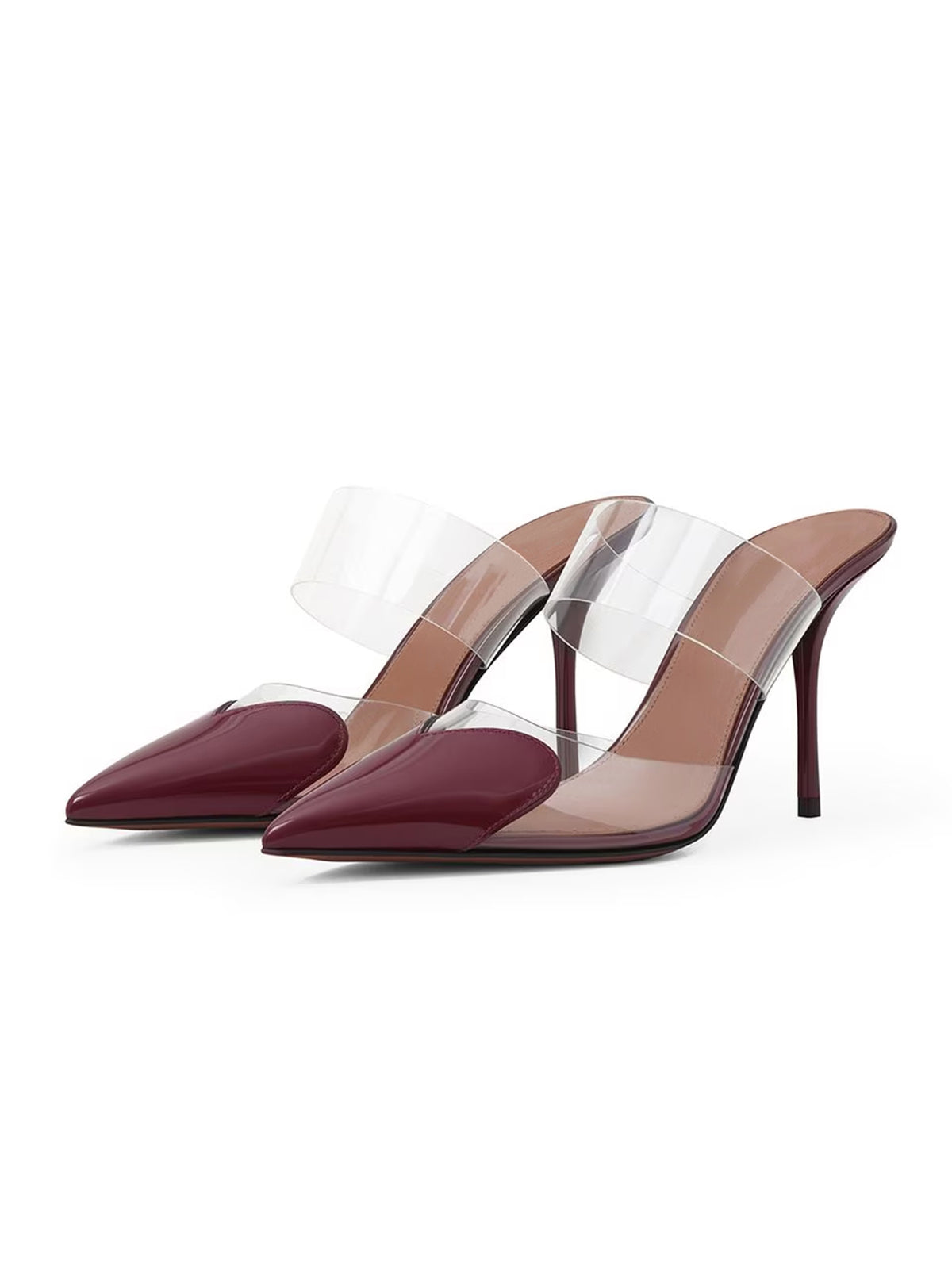 Patent Burgundy And TPU Transparent Film Pointed-Toe Slip-On High Heels
