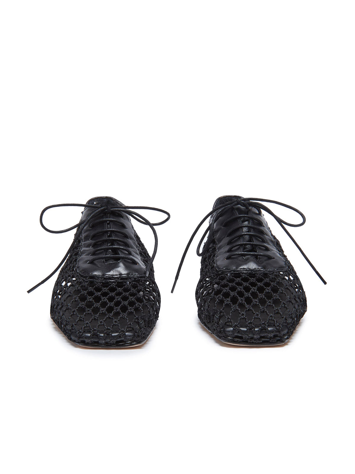 Black Mesh And Vegan Leather Square-Toe Lace-Up Chic Flats