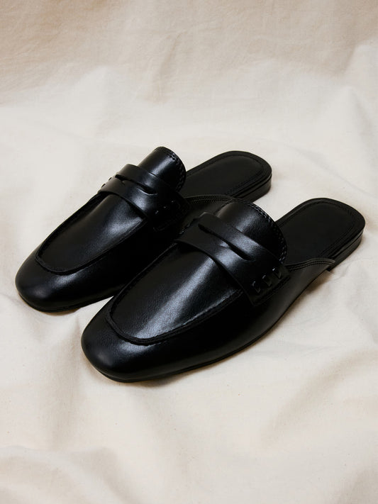 Black Square-Toe Slip-On Backless Loafers Flats
