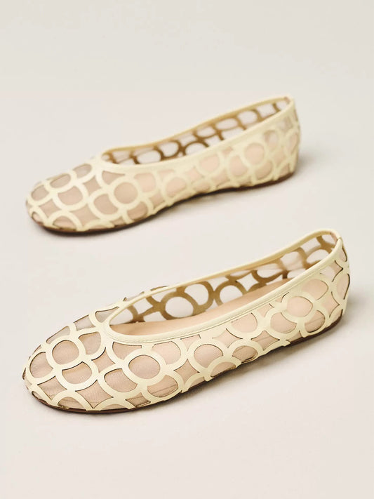 Light Yellow Vegan Leather Round-Toe Cutout With Mesh Ballet Flats