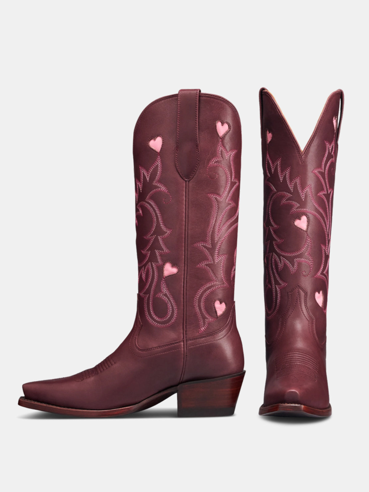 Wine Red Snip-Toe Embroidery White Heart Inlay Mid Calf Cowgirl Boots