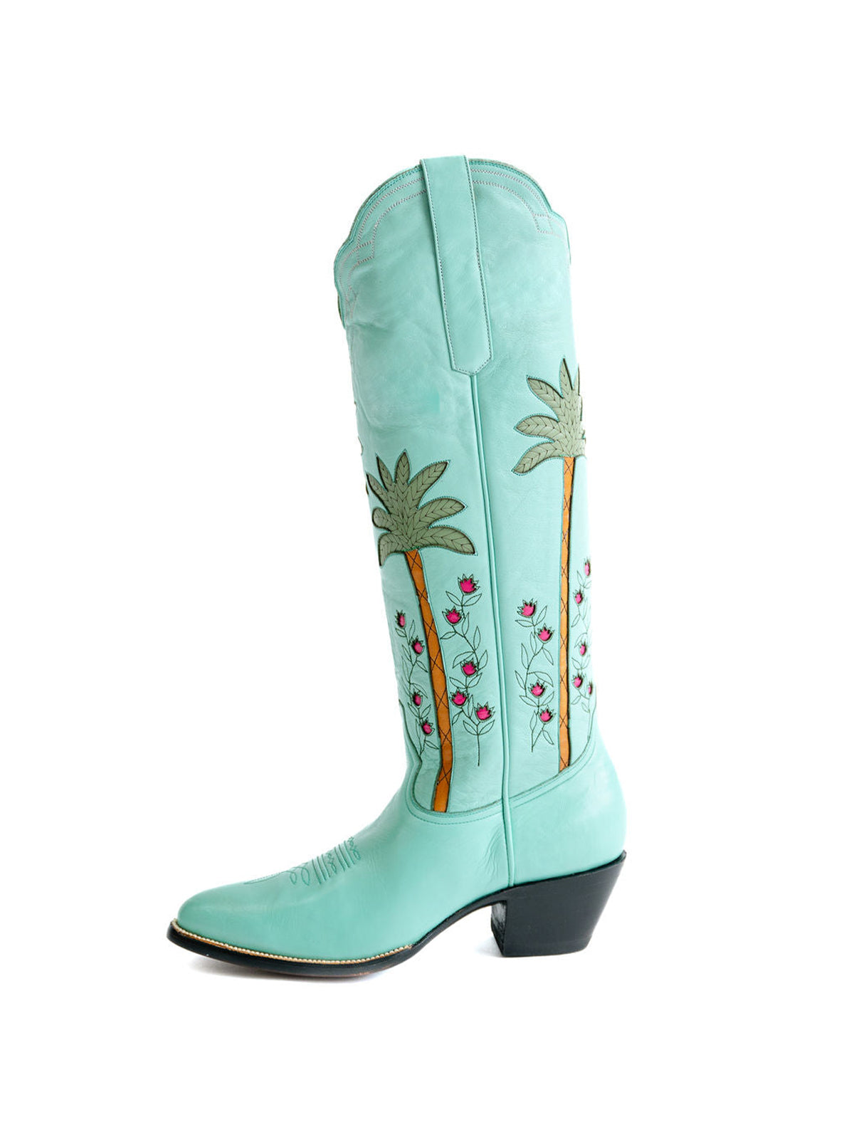 Light Green Almond-Toe Wide Calf Western Boots Knee High Tall Boots With Green Palm Inlay