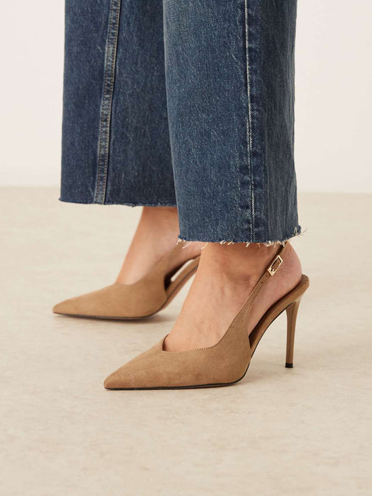 Taupe Faux Suede Pointed-Toe Classic Buckle Slingback High Heels