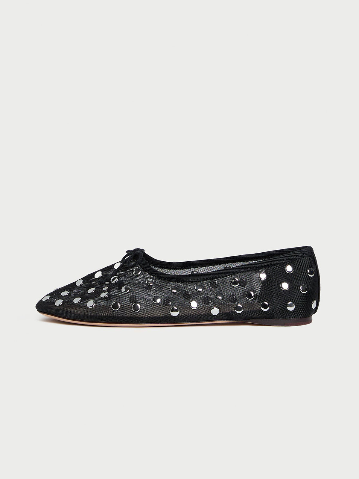Black Mesh Round-Toe Front Bow Ballet Flats With Studs